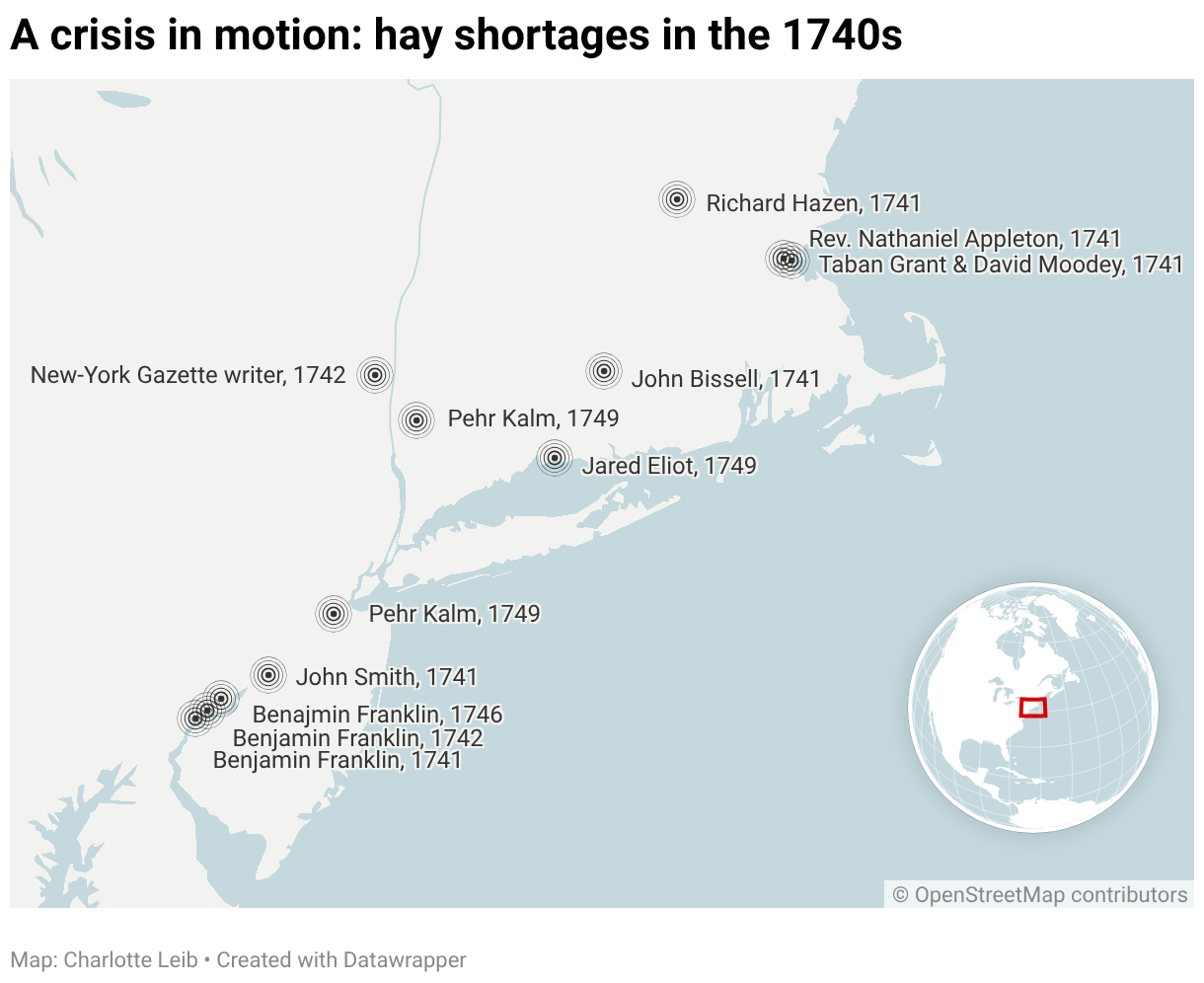 Map highlighting Eastern seaboard hay shortages in the 1740s