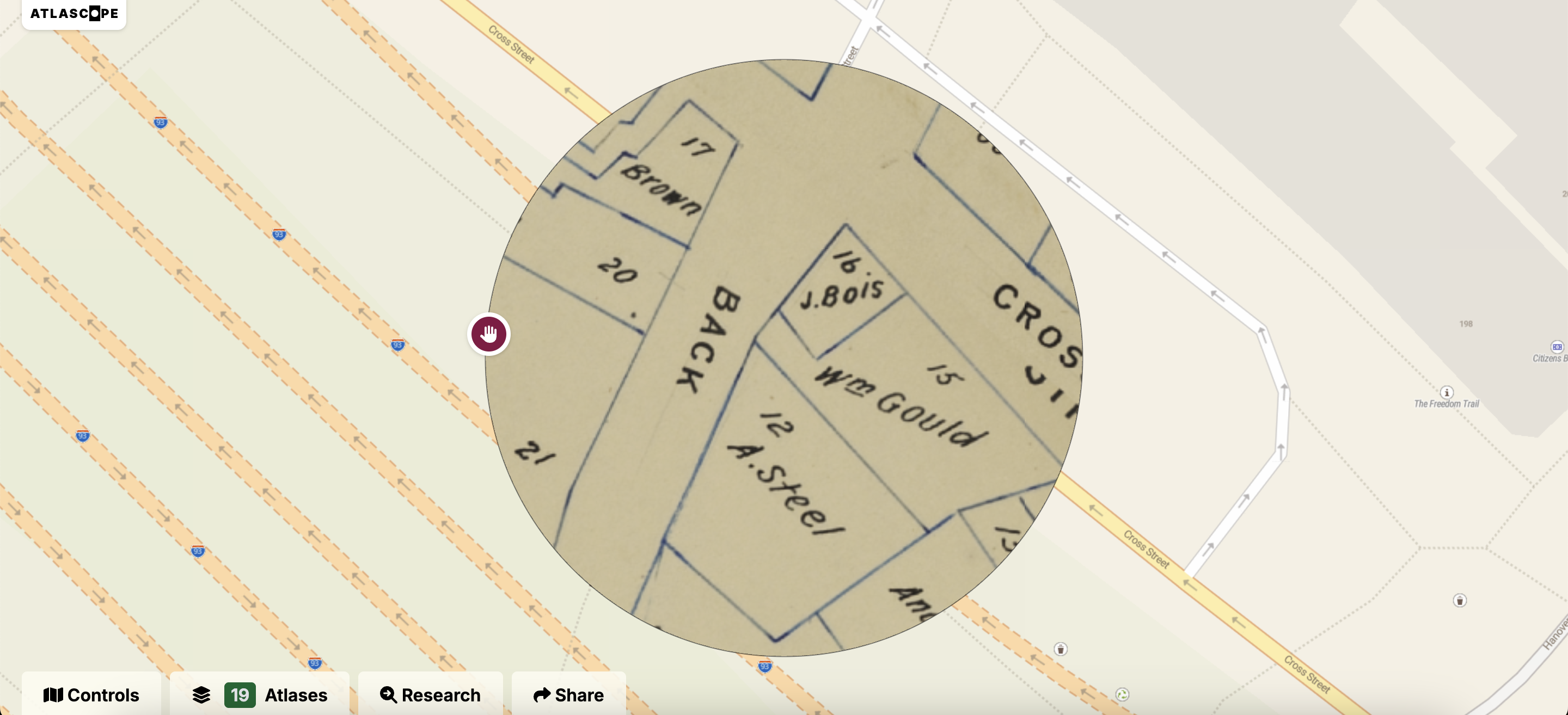 A screenshot of Atlascope showing property owned by J. Bois in Clough's 1798 atlas