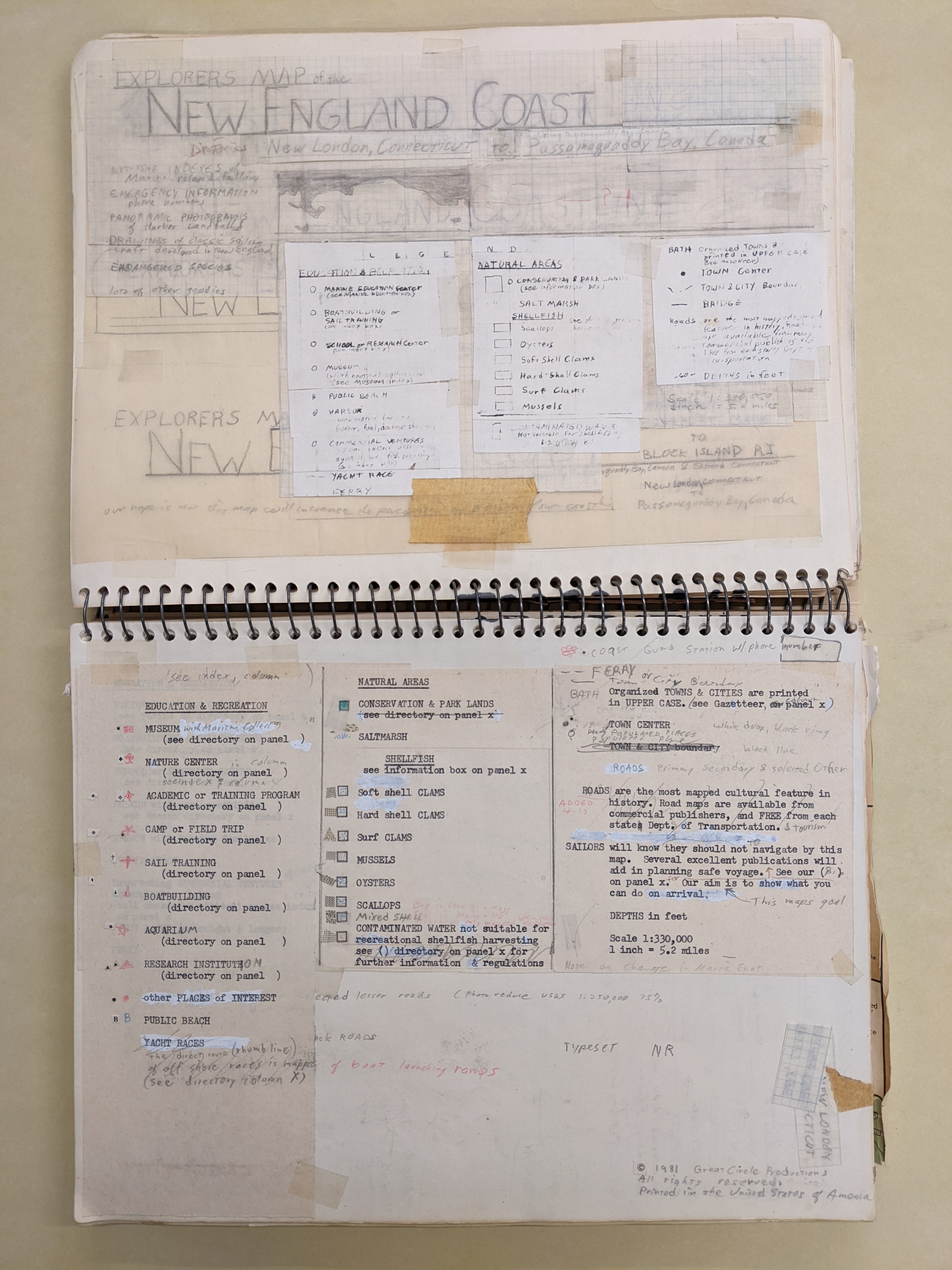 Page in a notebook showing design notes for David Weaver's "Explorer's map of the New England Coast"