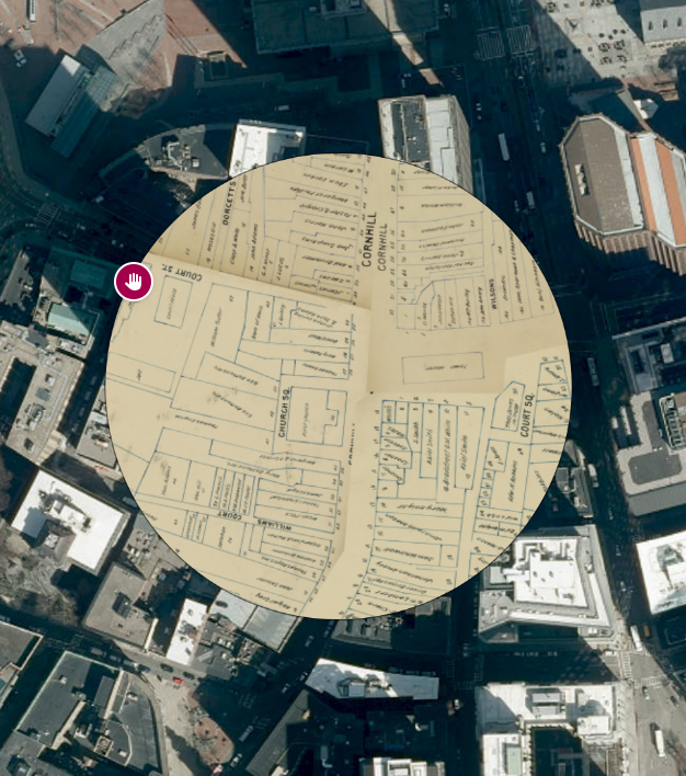 Atlascope view of downtown Boston, including the Courthouse, Town House, and First Church