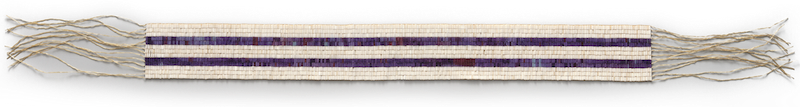 Two Row Wampum Belt, 1613 (reproduction by Jacob Ezra Thomas, 1993). Plastic imitation shell and sinew. Woodland Cultural Centre, Brantford, Ontario.