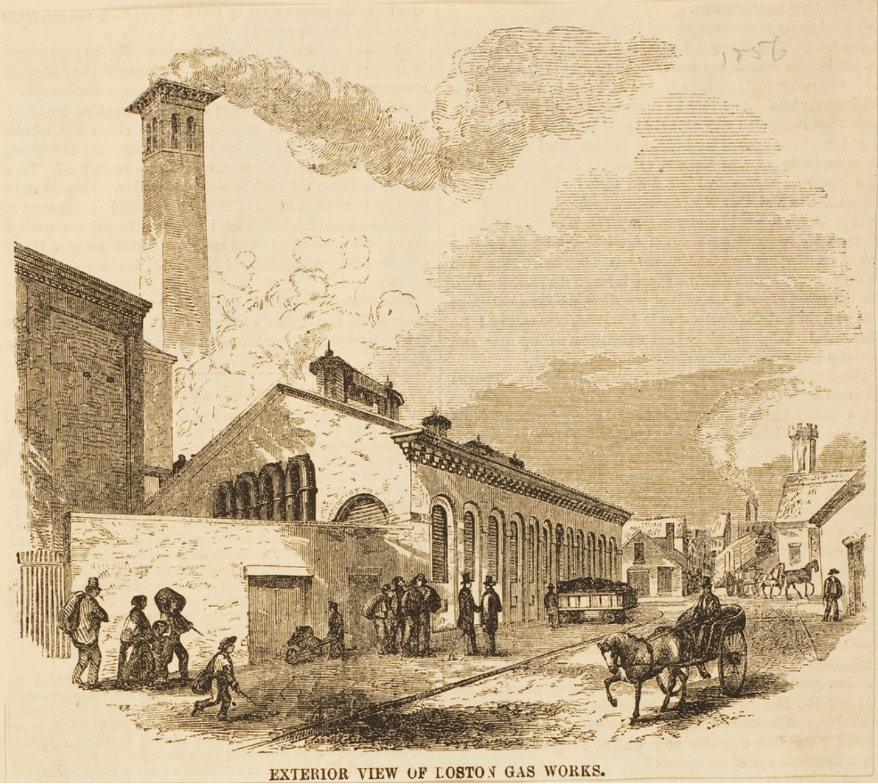 Exterior view of Boston Gas Works and Interior view of Boston Gas Works (1856). Historic New England.