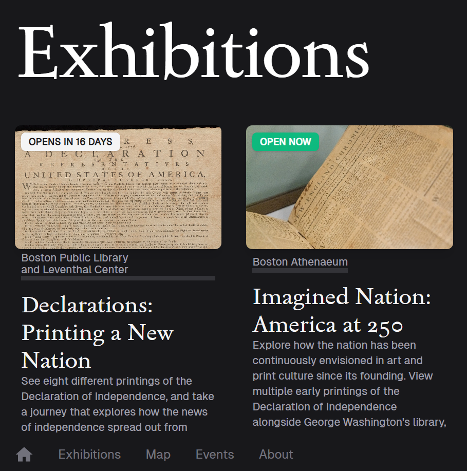 Screenshot of the Declarations Trail website highlighting upcoming exhibitions
