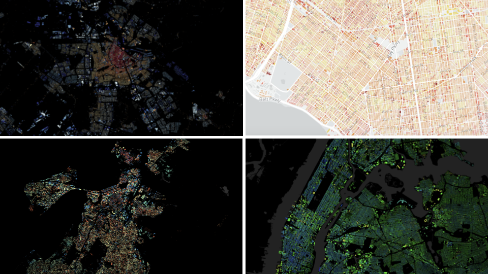 Four different maps visualizing building age across the Netherlands, New York City, and Boston