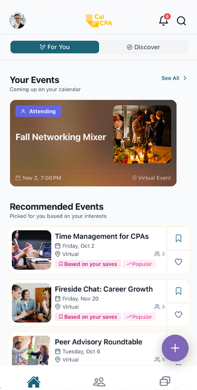 CalCPA Connect app showing a list of local CPA meet-ups with one-tap RSVP
