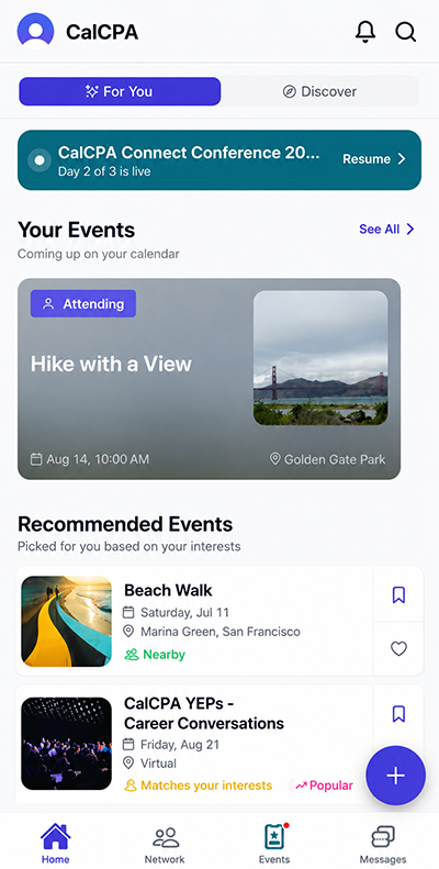 CalCPA Connect app showing member-led meetups