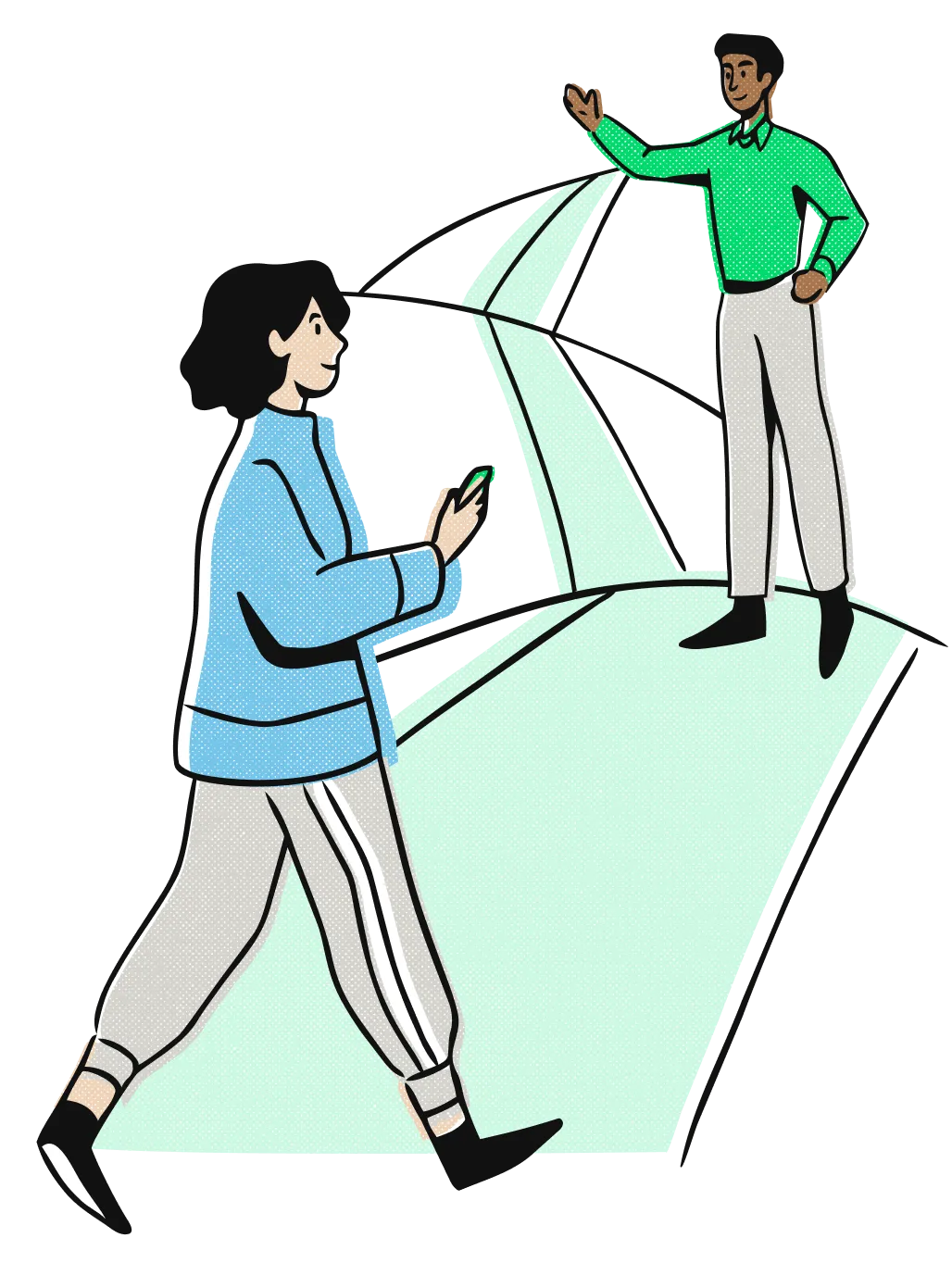 An illustration of a person walking and using a smartphone, while another person in the background waves from a higher level.