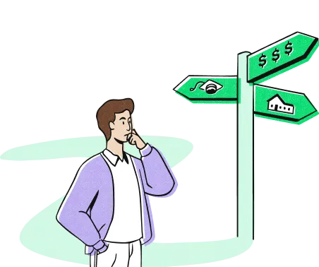 A person contemplating in front of a signpost with symbols for money, education, and a house, each pointing in different directions.