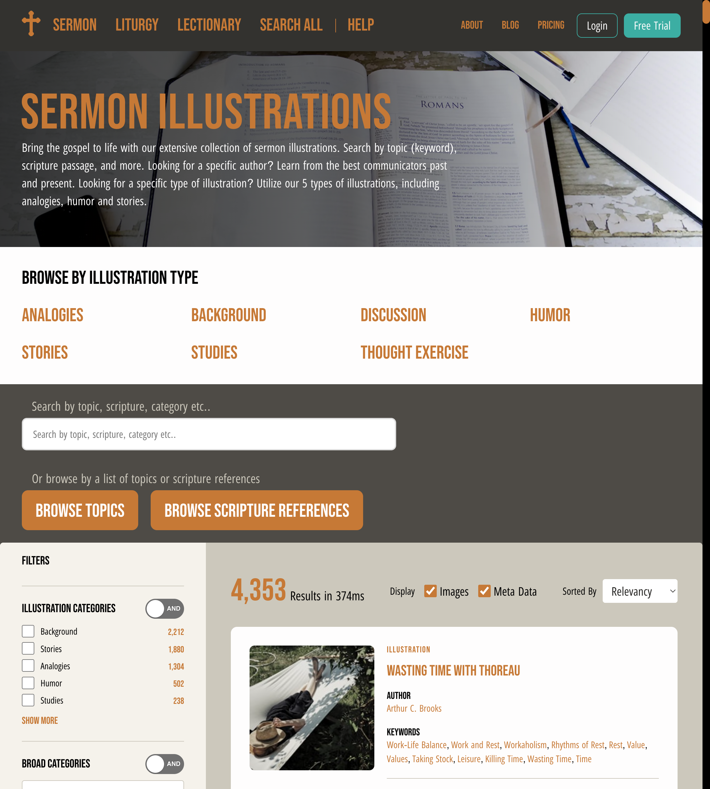 Sermon illustrations search — 4,353 results with Typesense faceted filters