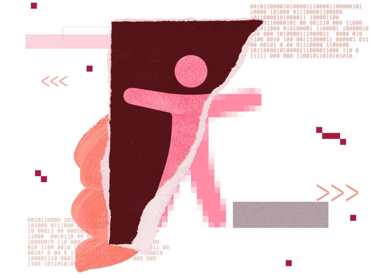 collage of pixels, code, and an accessibility human symbol being digitized