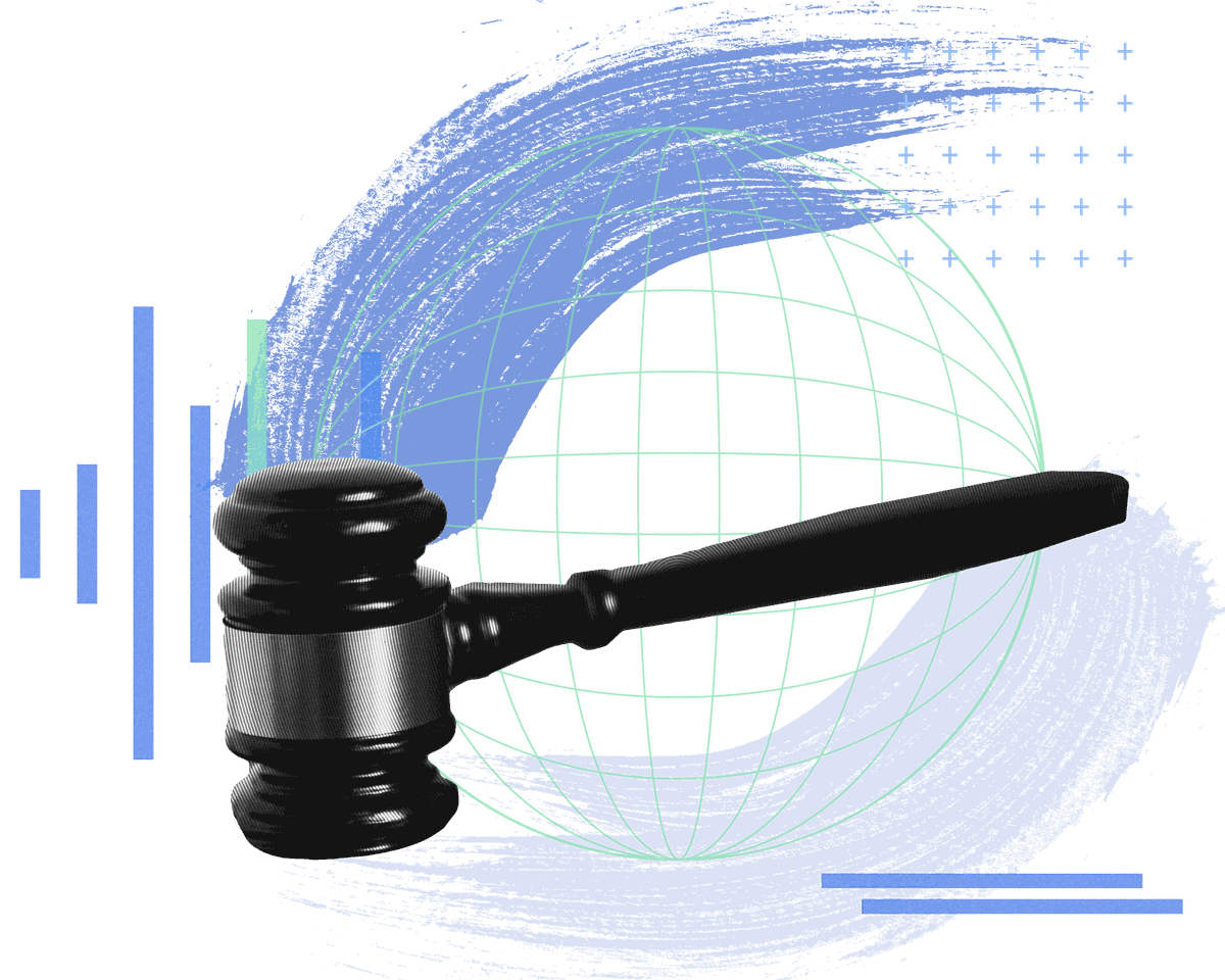 Gavel swinging down over digital globe