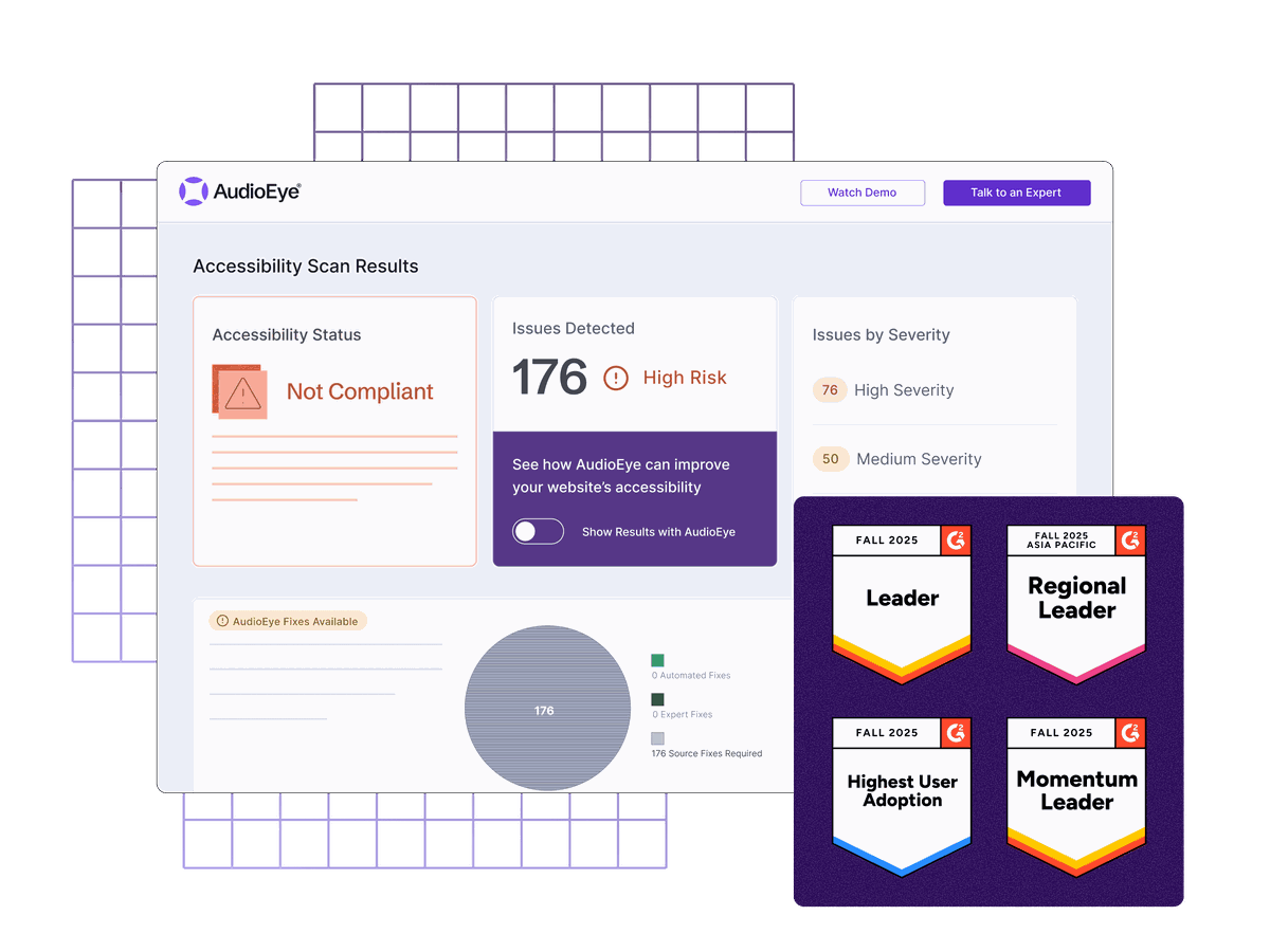 Accessibility Scan Results dashboard showing issues present, compliance level, and g2 badges