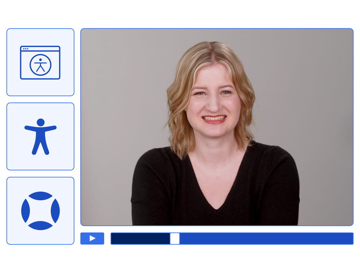 Sarah, a woman with short, wavy blonde hair in a black top, surrounded by web accessibility icons and a video player interface.