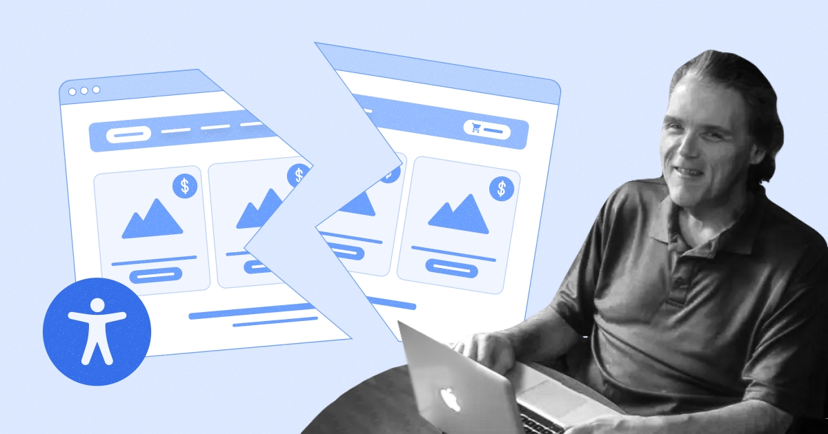 Man using a laptop with a broken webpage illustration in the background, symbolizing accessibility challenges.