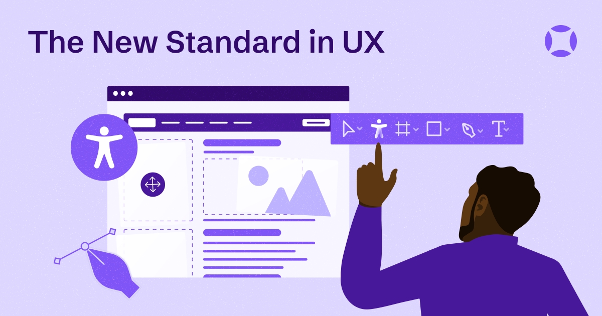 Guide titled "The New Standard in UX" with an illustration of a person interacting with a user interface, featuring icons on a purple background.