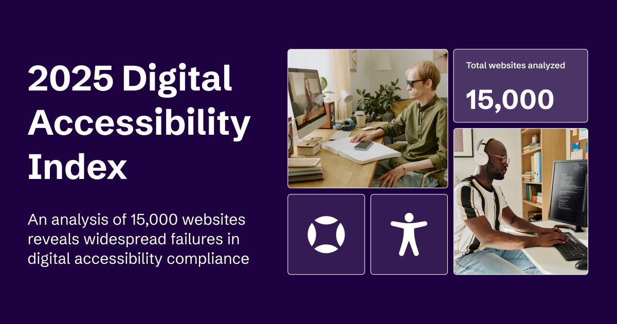 Guide titled "2025 Digital Accessibility Index" an analysis of 15,000 websites reveals widespread digital accessibility compliance failures. Images of two people using computers.