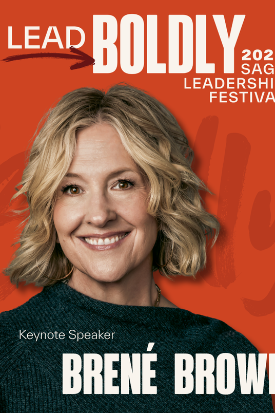 Smiling woman with short blonde hair on an orange background, text reads "Lead Boldly, 2026 Sage Leadership Festival, Keynote Speaker Brené Brown."