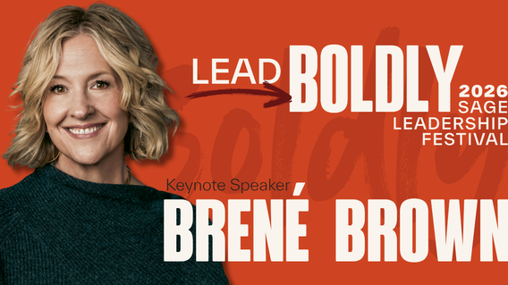 Smiling woman with short blonde hair on an orange background, text reads "Lead Boldly, 2026 Sage Leadership Festival, Keynote Speaker Brené Brown."