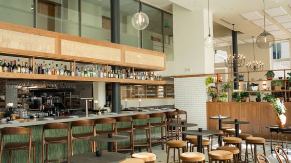 Modern restaurant interior with wooden bar stools, round tables, a stocked bar, and hanging lights. Large windows and plants add a fresh ambiance.