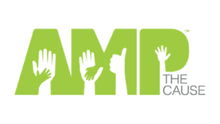 Green "AMP THE CAUSE" logo with hands incorporated into the letters.