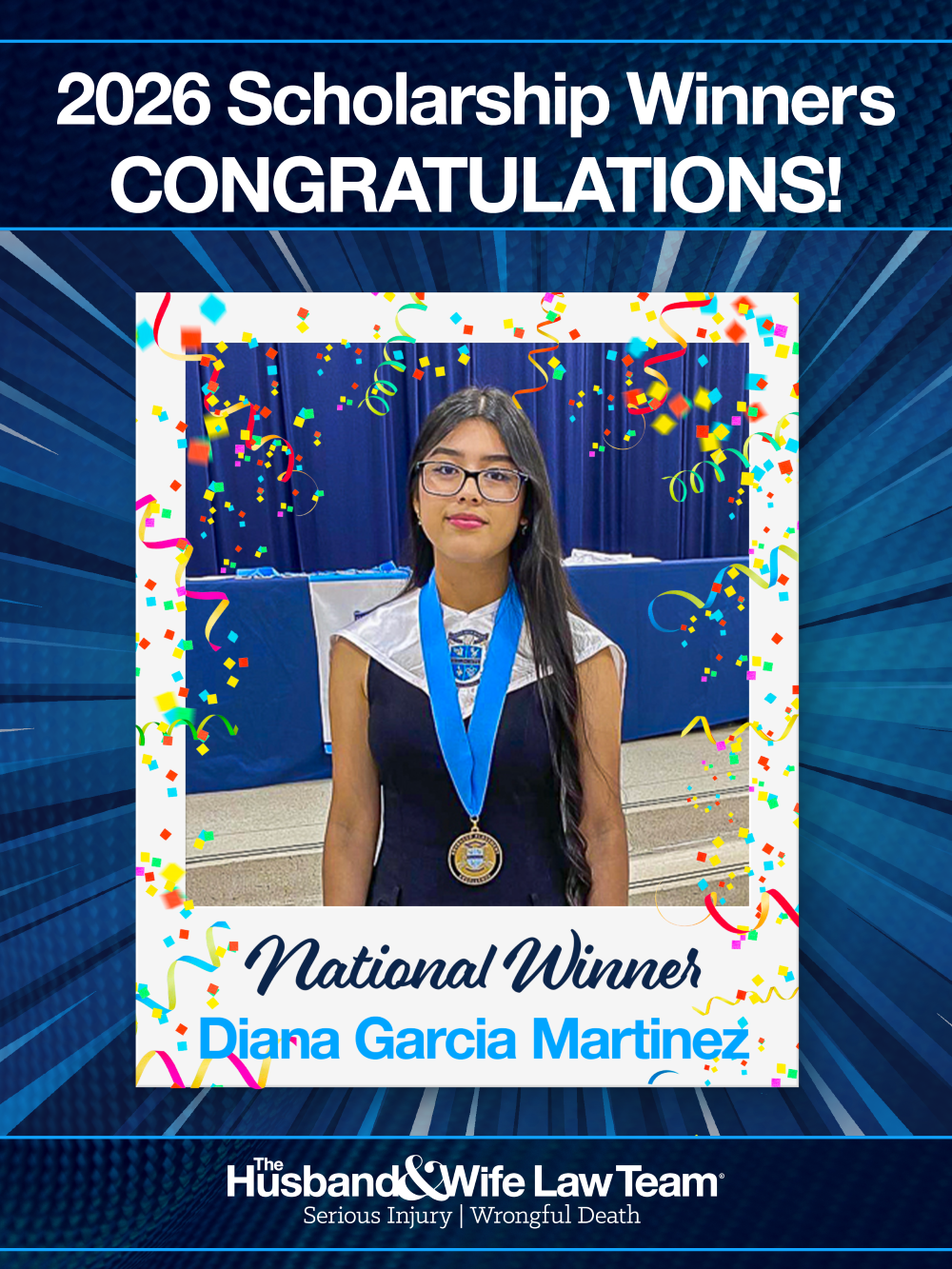 Young woman with medal at scholarship ceremony, surrounded by confetti, with "2026 Scholarship Winners" and "National Winner" text above and below.