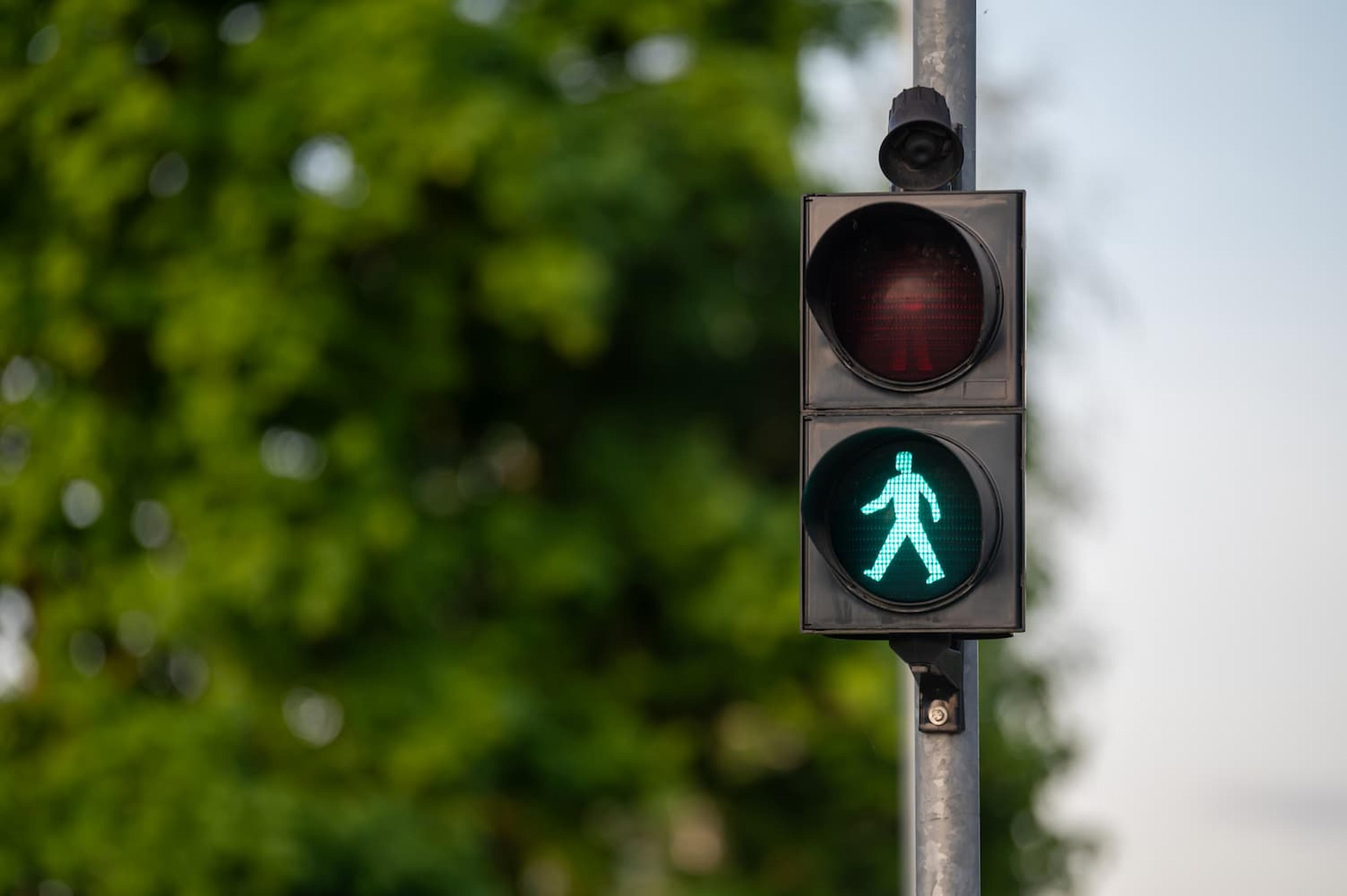 Pedestrian traffic signal showing a green walking figure, with the red stop signal unlit above it