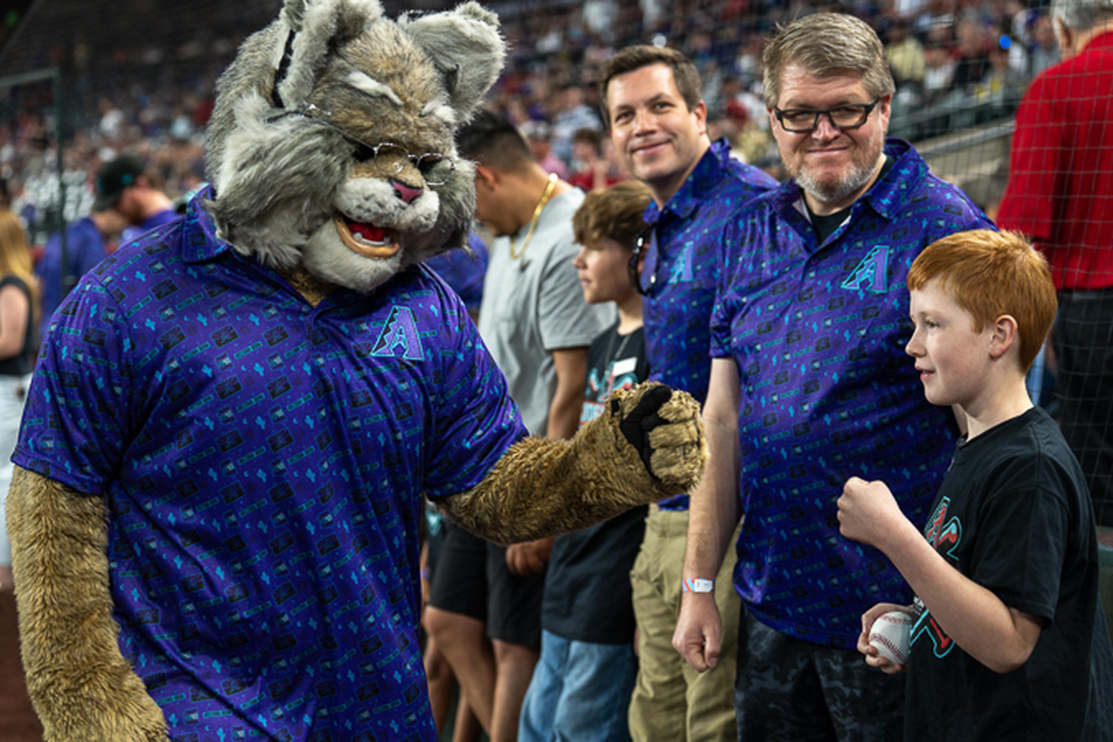 The Arizona Diamondbacks mascot interacts with a young fan holding a baseball, while two adults in matching blue patterned Diamondbacks shirts stand nearby.