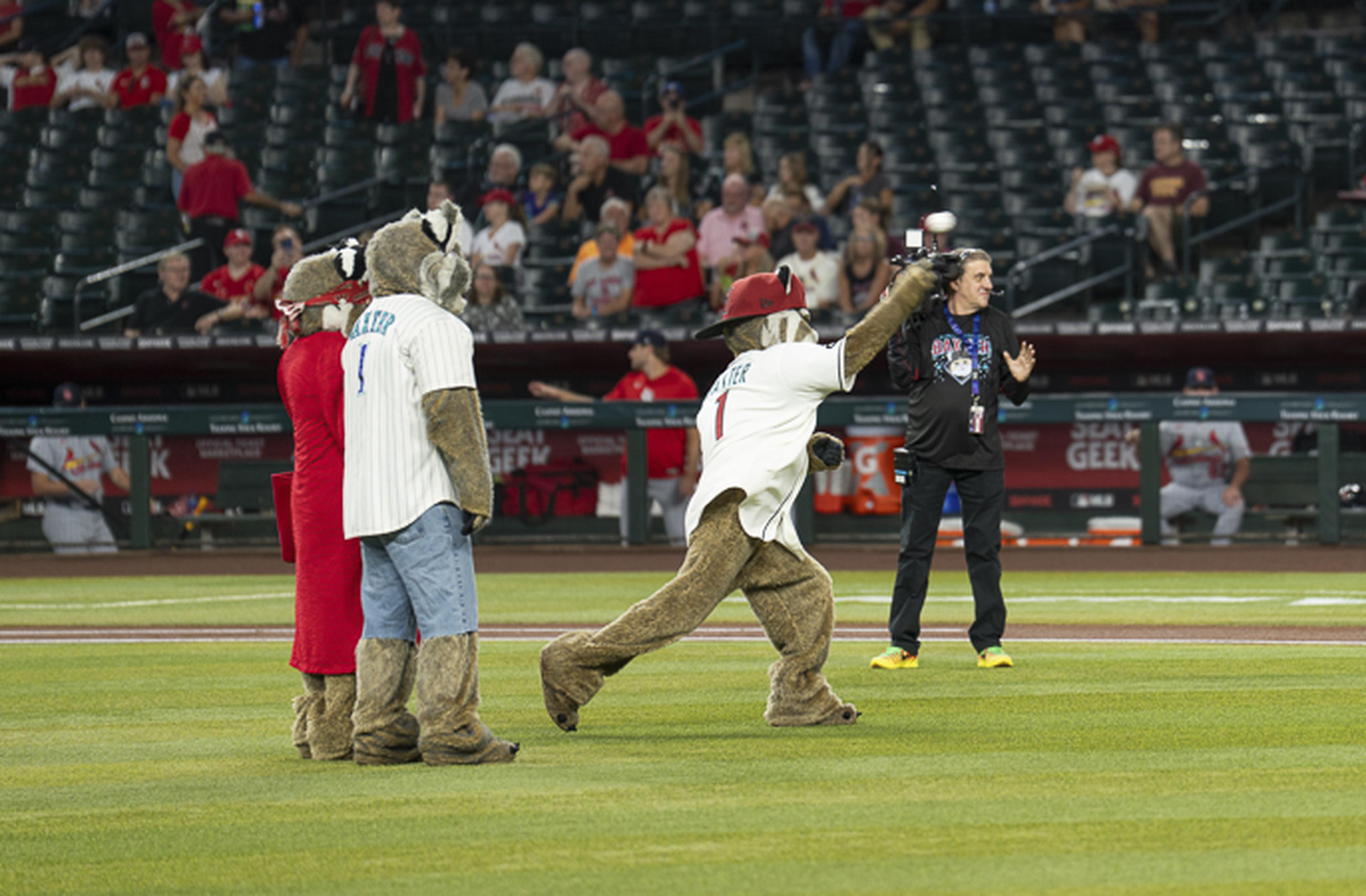 The Arizona Diamondbacks mascots bring the fun to Chase Field as one shows off an arm while the crowd enjoys the action.