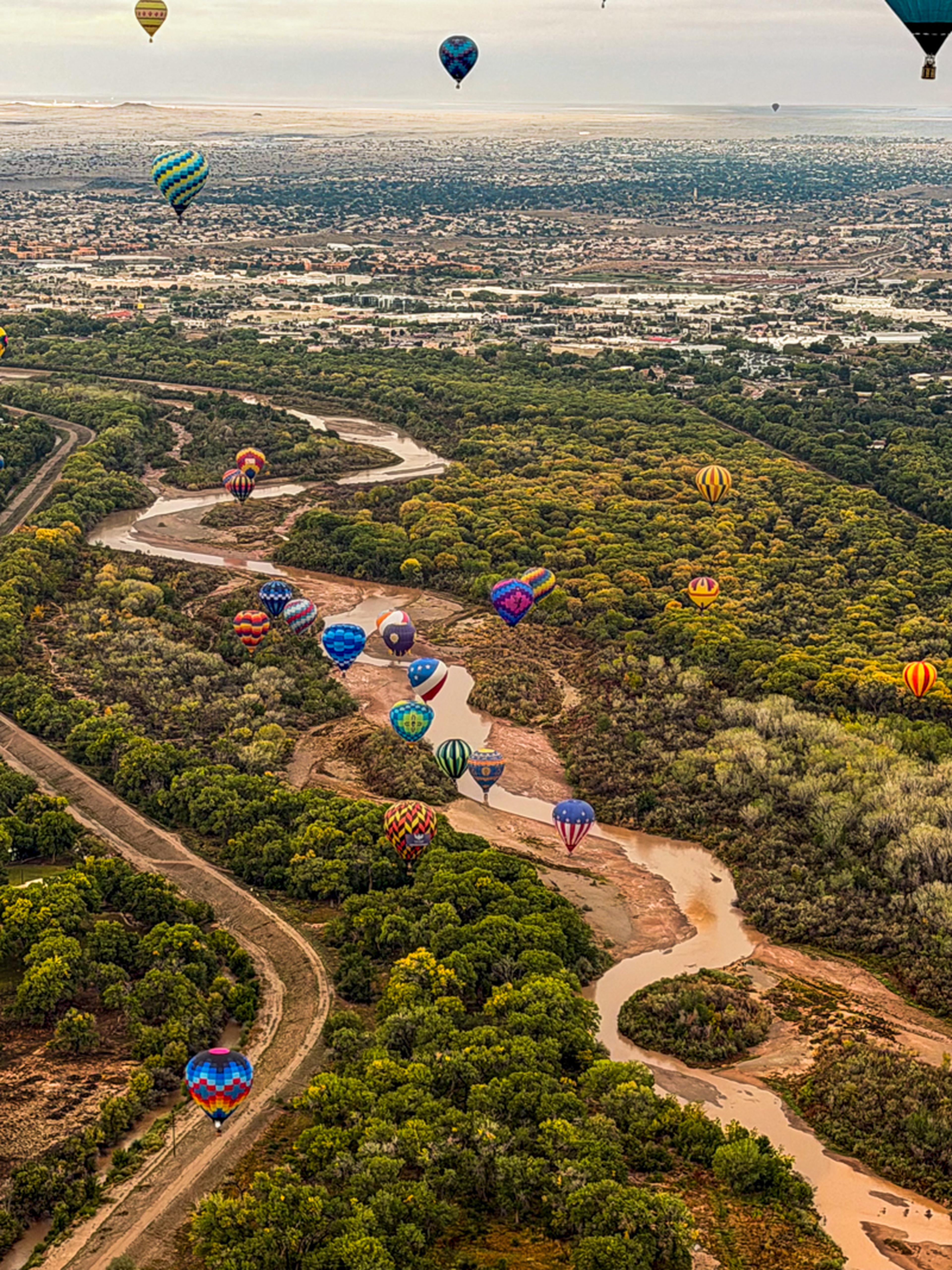 Colorful hot air balloons drift above the Rio Grande, creating a breathtaking view across Albuquerque’s landscape during the International Balloon Fiesta.