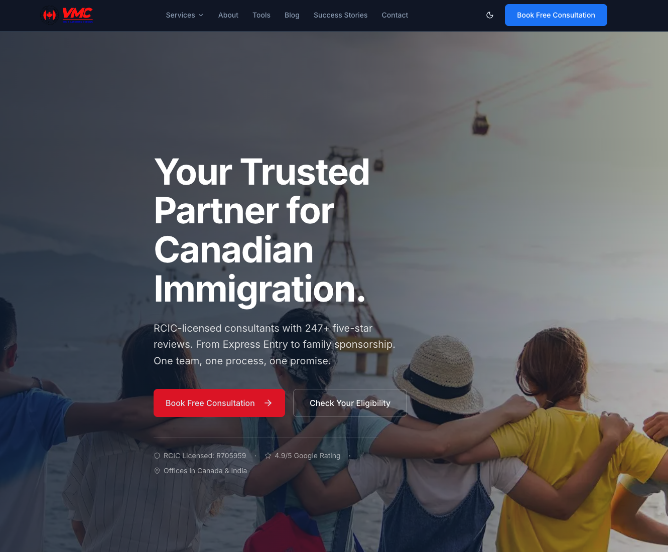 Group of people with arms around each other, facing a suspension bridge at sunset. Text about Canadian immigration consultation overlays the image.