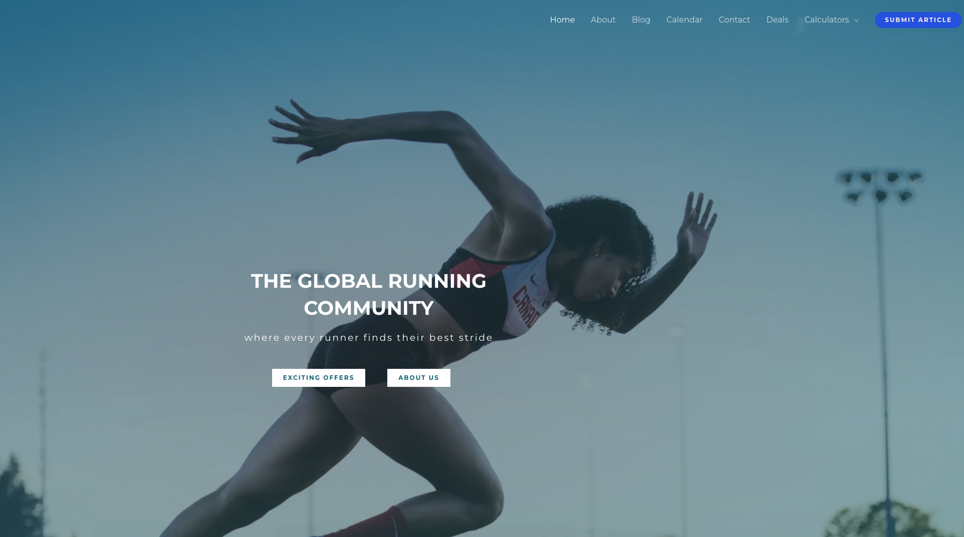 Woman sprinting outdoors against the evening sky; website text overlays promoting a global running community.