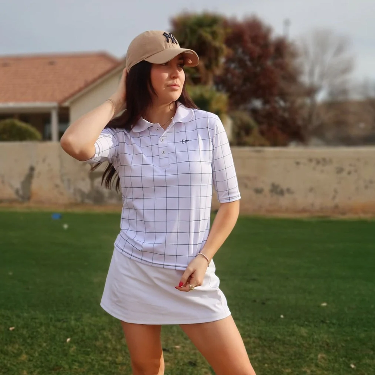 Product photo for White Grid Elbow Length Sleeve Polo