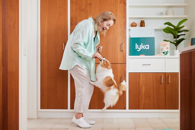 Woman giving treat to jumping dog