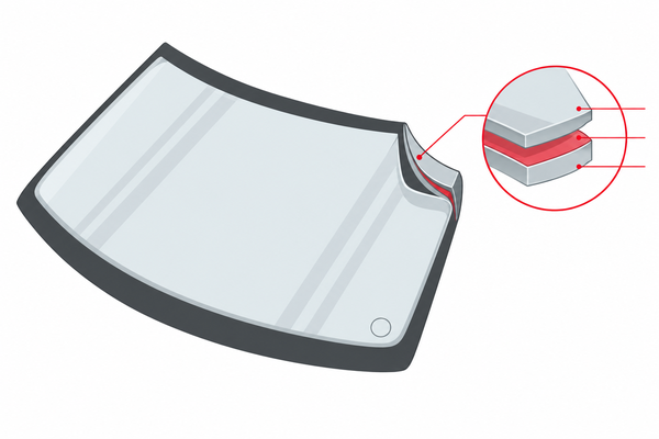Cutaway illustration of a laminated windscreen showing two glass layers and the interlayer