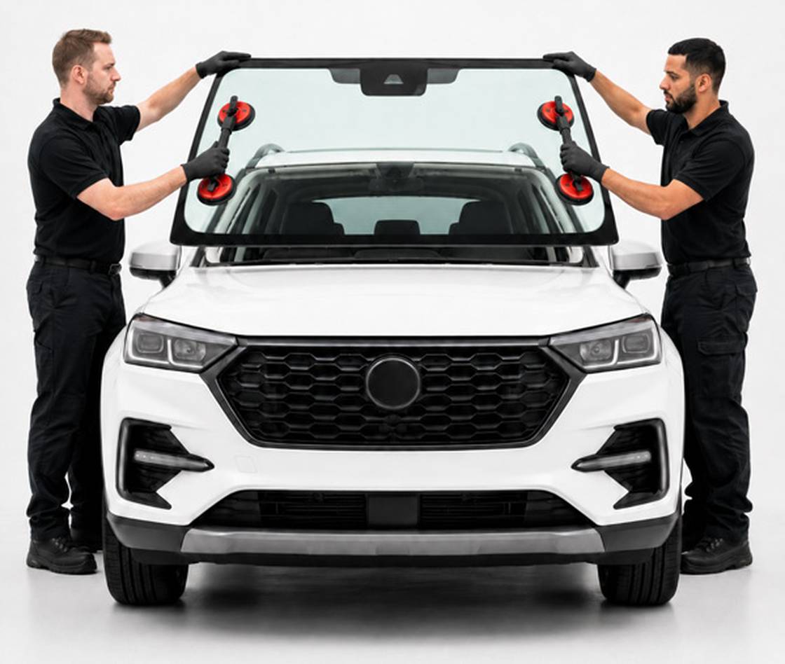 Two auto glass technicians fitting a replacement windscreen to a white SUV