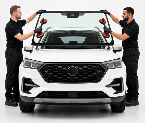 Two auto glass technicians fitting a replacement windscreen to a white SUV