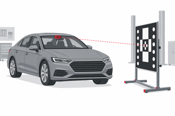 Illustration of a car facing an ADAS calibration target board with the windscreen camera highlighted