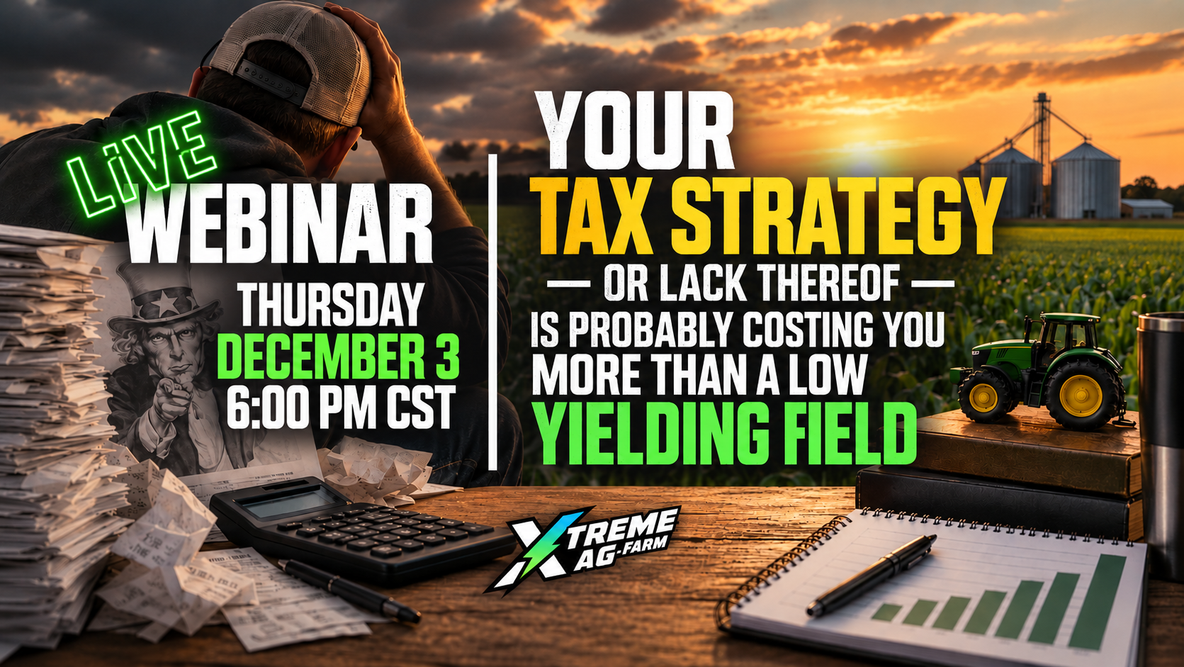 Man holding head with tax documents, calculator, charts, and farm scene. Text: Live Webinar, Thursday December 3, 6:00 PM CST. Tax strategy info.