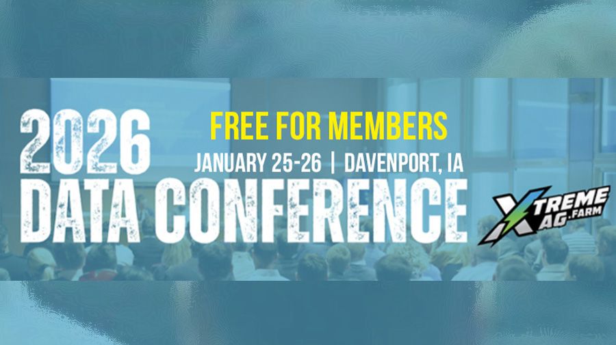 Audience at a conference with text: "2026 Data Conference, Free for Members, January 25-26, Davenport, IA, Xtreme Ag-Farm."