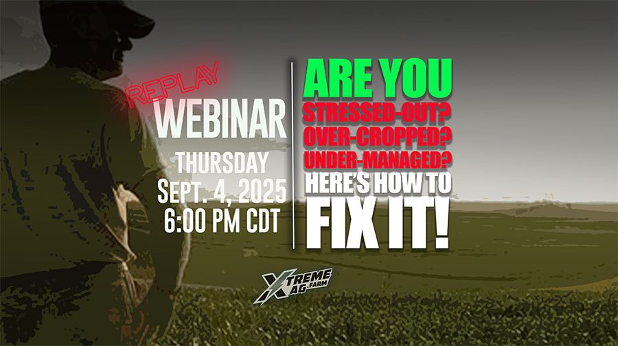 Silhouette of a person in a field with text promoting a webinar replay on stress, cropping, and management solutions for September 4, 2025.