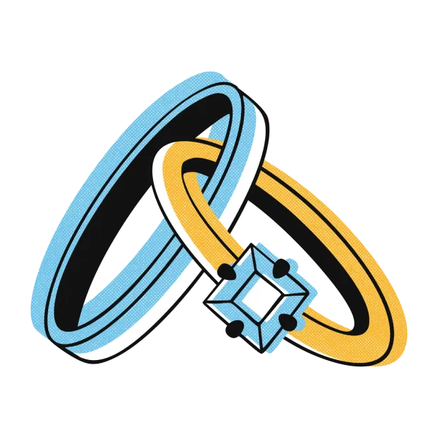 Two interlocking rings: one blue and white, the other yellow with a blue diamond.