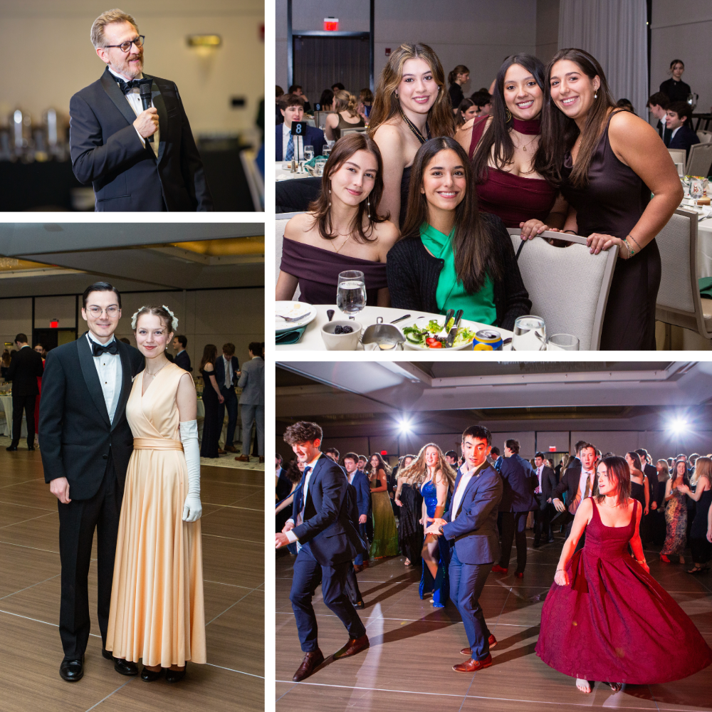 A formal event with a man speaking, groups posing in elegant attire, and people dancing in a ballroom setting.
