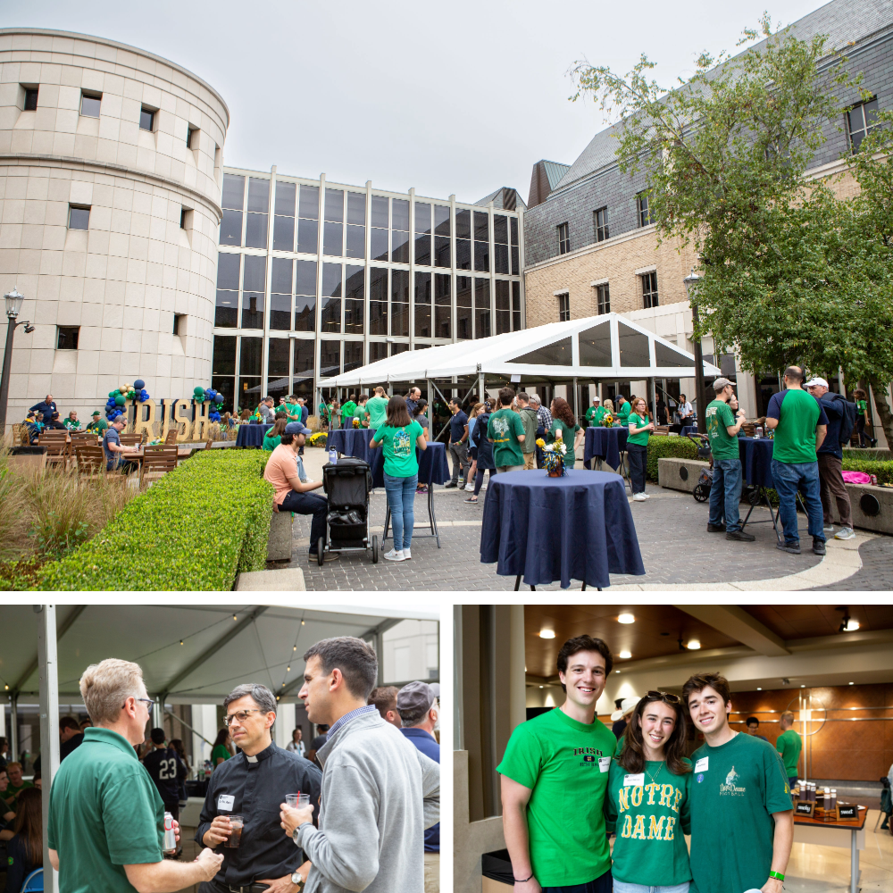 Outdoor event at a university courtyard, people socializing in green attire, tents with tables; includes close-ups of individuals in conversation.