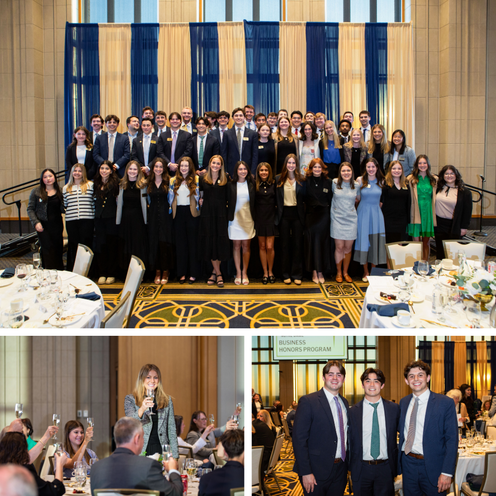 A large group in formal attire stands on a stage; below, people raise glasses at tables and three men pose under "Business Honors Program" signage.