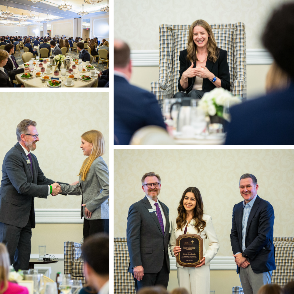 Collage of a formal event with attendees dining, a woman speaking, a handshake, and an award presentation featuring three people.