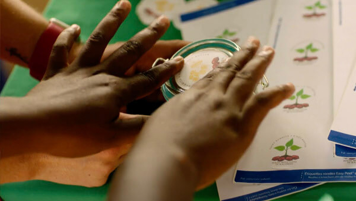 Hands placing a lid on a jar with plant-themed labels nearby on a green surface.