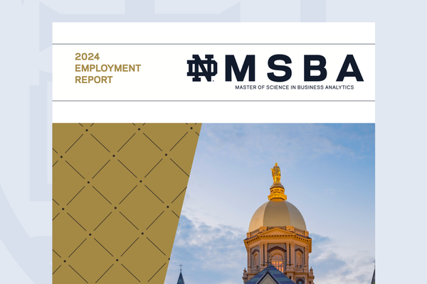 Cover of the 2024 Employment Report for the Notre Dame MSBA program, featuring the Notre Dame Golden Dome with the statue of Mary against a blue sky.