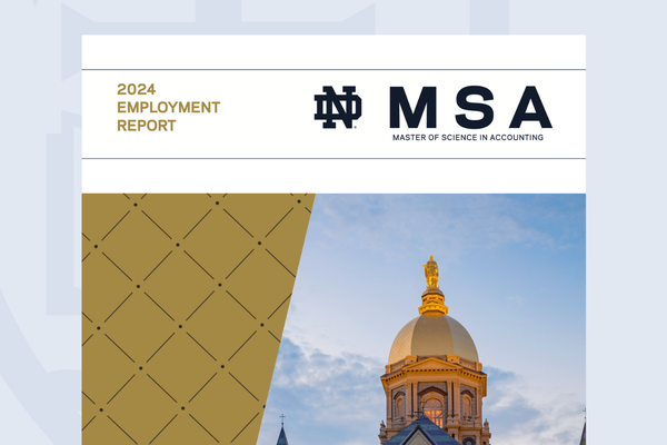 Cover of the 2024 Employment Report for the Notre Dame MSA program, featuring the Notre Dame Golden Dome with the statue of Mary against a blue sky.