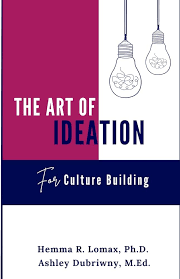 Book cover reading "The Art of Ideation: For Culture Building" with two hanging lightbulbs and magenta, navy and white color blocks.