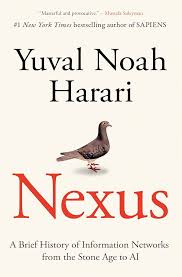 Book cover of "Nexus" by Yuval Noah Harari: red title, small pigeon illustration, author name above, subtitle about information networks.